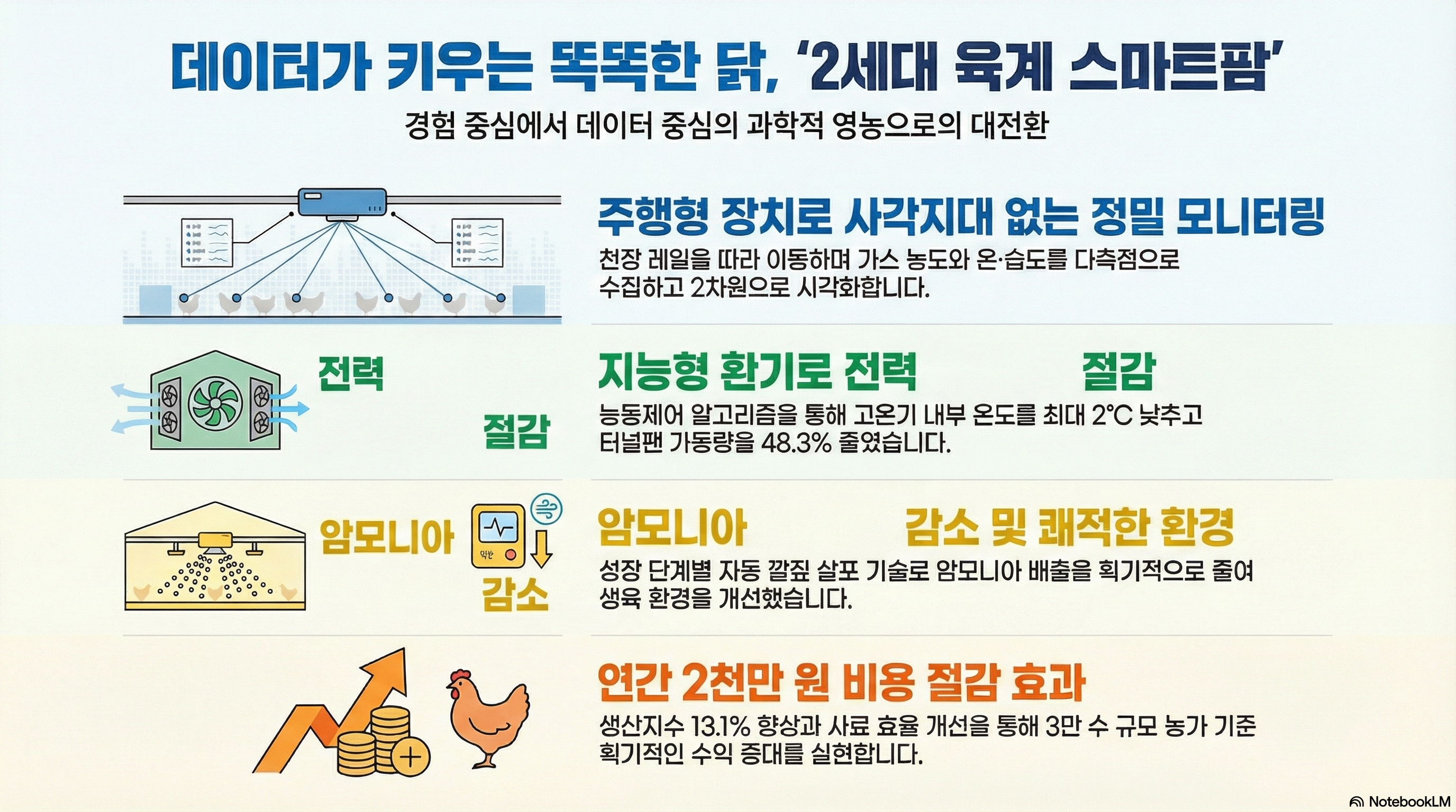 [대제목] 데이터가 키우는 똑똑한 닭, ‘2세대 육계 스마트팜’ [부제] 경험 중심에서 데이터 중심의 과학적 영농으로의 대전환 ■ 주행형 장치로 사각지대 없는 정밀 모니터링 - 천장 레일을 따라 이동하며 가스 농도와 온·습도를 다측점으로 수집하고 2차원으로 시각화합니다. ■ 전력 절감: 지능형 환기로 전력 절감 - 능동제어 알고리즘을 통해 고온기 내부 온도를 최대 2℃ 낮추고 터널팬 가동량을 48.3% 줄였습니다. ■ 암모니아 감소: 암모니아 감소 및 쾌적한 환경 - 성장 단계별 자동 깔짚 살포 기술로 암모니아 배출을 획기적으로 줄여 생육 환경을 개선했습니다. ■ 연간 2천만 원 비용 절감 효과 - 생산지수 13.1% 향상과 사료 효율 개선을 통해 3만 수 규모 농가 기준 획기적인 수익 증대를 실현합니다.