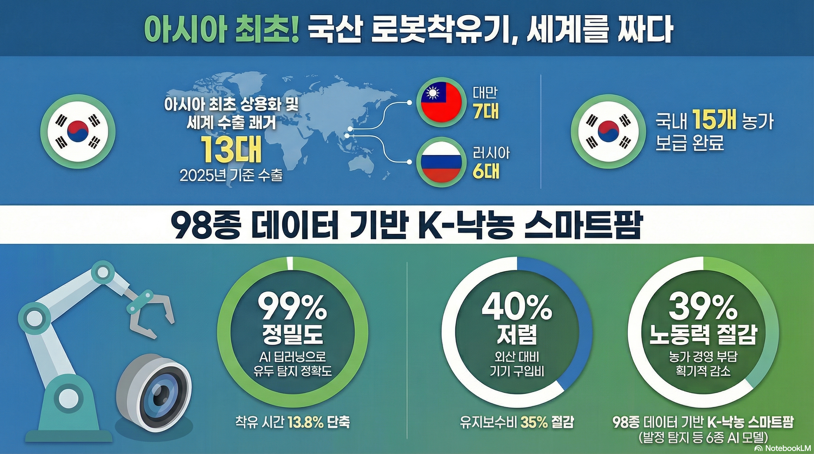 [대제목] 아시아 최초! 국산 로봇착유기, 세계를 짜다 ■ 아시아 최초 상용화 및 세계 수출 쾌거 - 2025년 기준 총 13대 수출 (대만 7대, 러시아 6대) - 국내 15개 농가 보급 완료 ■ 98종 데이터 기반 K-낙농 스마트팜 - 99% 정밀도: AI 딥러닝으로 유두 탐지 정확도 (착유 시간 13.8% 단축) - 40% 저렴: 외산 대비 기기 구입비 (유지보수비 35% 절감) - 39% 노동력 절감: 농가 경영 부담 획기적 감소 - 98종 데이터 기반 K-낙농 스마트팜 (발정 탐지 등 6종 AI 모델)