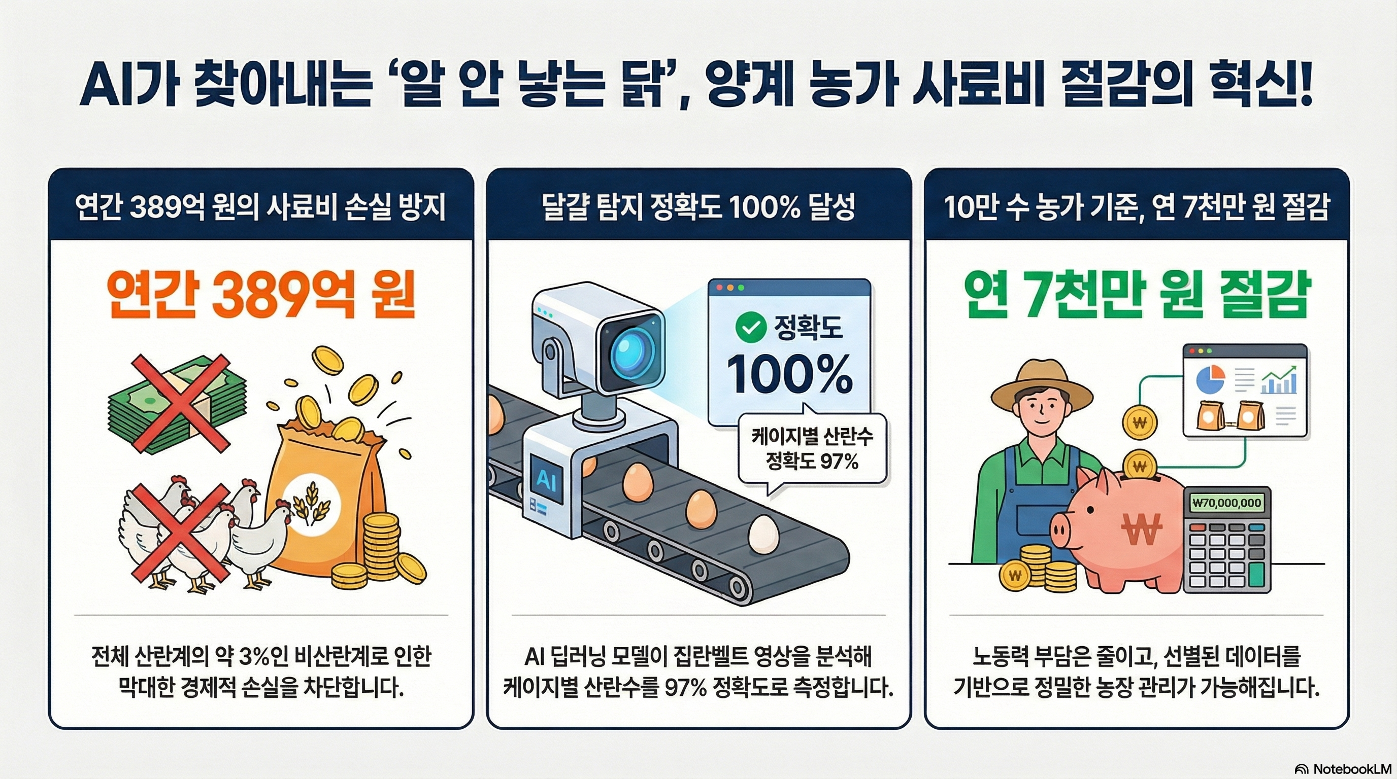 [대제목] AI가 찾아내는 ‘알 안 낳는 닭’, 양계 농가 사료비 절감의 혁신! ■ 연간 389억 원의 사료비 손실 방지 - 전체 산란계의 약 3%인 비산란계로 인한 막대한 경제적 손실을 차단합니다. ■ 달걀 탐지 정확도 100% 달성 - AI 딥러닝 모델이 집란벨트 영상을 분석해 케이지별 산란수를 97% 정확도로 측정합니다. (정확도 100% 달성, 케이지별 산란수 정확도 97%) ■ 10만 수 농가 기준, 연 7천만 원 절감 - 노동력 부담은 줄이고, 선별된 데이터를 기반으로 정밀한 농장 관리가 가능해집니다.