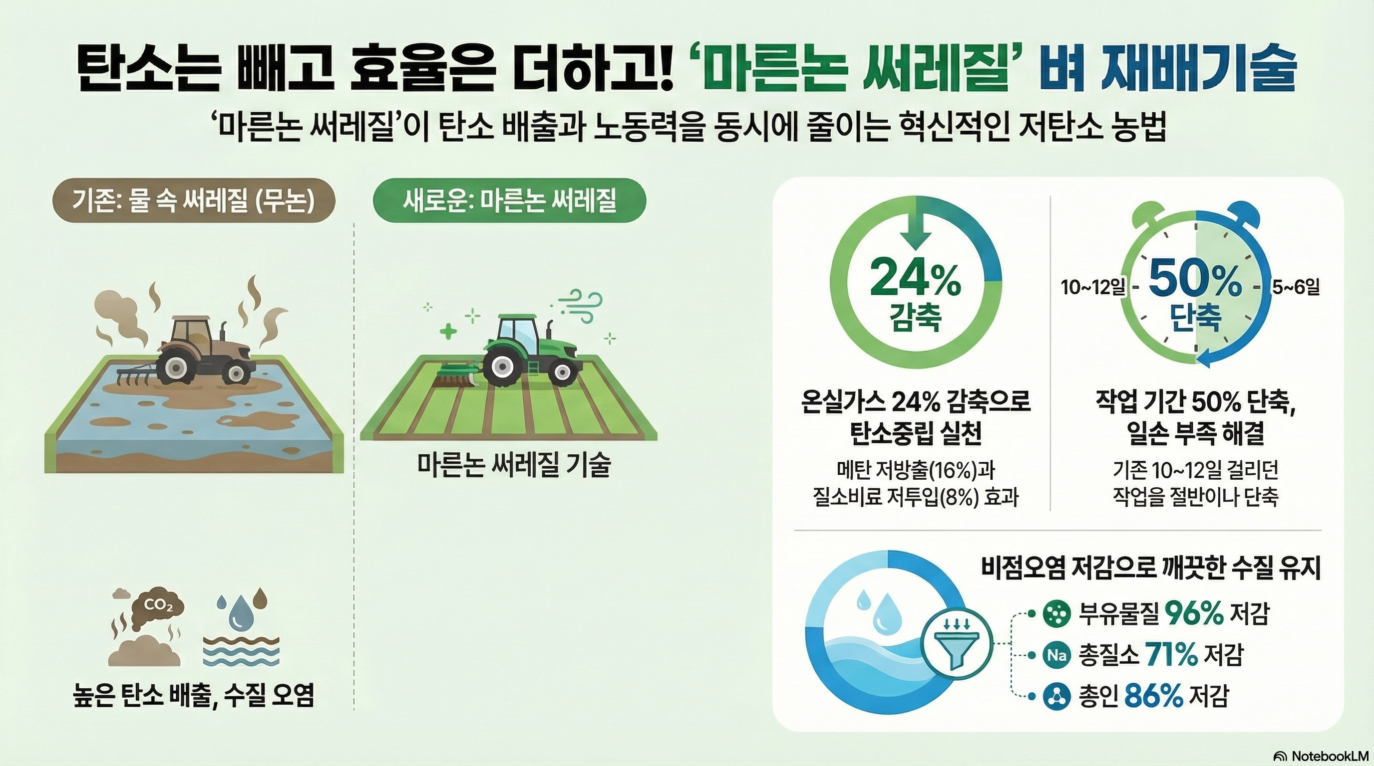 탄소는 빼고 효율은 더하고! ‘마른논 써레질’ 벼 재배기술 ‘마른논 써레질’이 탄소 배출과 노동력을 동시에 줄이는 혁신적인 저탄소 농법 [기존 방식과 새로운 방식 비교] 1. 기존: 물 속 써레질 (무논)   - 높은 탄소 배출, 수질 오염 유발 CO2 및 부유물질 발생) 2. 새로운: 마른논 써레질 기술 [주요 혁신 성과] 1. 온실가스 24% 감축으로 탄소중립 실천  - 메탄 저방출 (16% 감축)  - 질소비료 저투입 (8% 감축) 효과 2. 작업 기간 50% 단축, 일손 부족 해결   - 기존 10~12일 걸리던 작업을 5~6일로 대폭 단축 3. 비점오염 저감으로 깨끗한 수질 유지   - 부유물질 96% 저감   - 총질소 71% 저감   - 총인 86% 저감