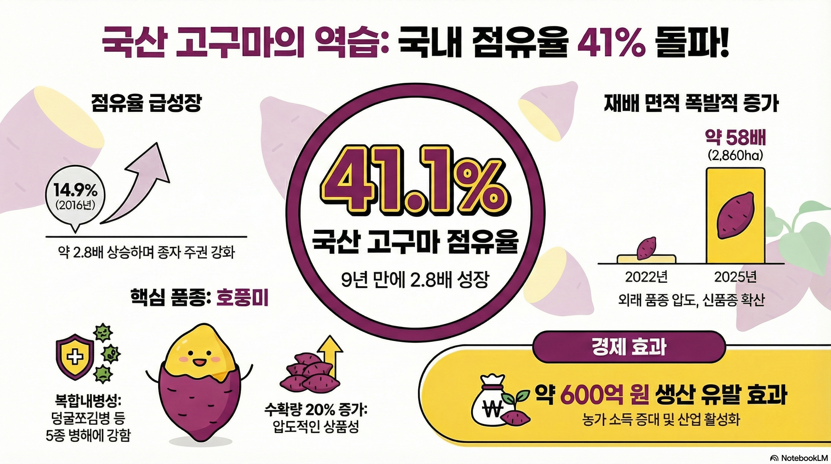 [대제목] 국산 고구마의 역습: 국내 점유율 41% 돌파! [본문 내용] ■ 점유율 급성장 (국산 고구마 점유율 9년 만에 2.8배 성장) - 2016년: 14.9% - 현재: 41.1% (약 2.8배 상승하며 종자 주권 강화) ■ 재배 면적 폭발적 증가 - 2022년: 외래 품종 압도, 신품종 확산 - 2025년: 약 58배 (2,860ha) ■ 핵심 품종: 호풍미 - 복합내병성: 덩굴쪼김병 등 5종 병해에 강함 - 수확량 20% 증가: 압도적인 상품성 ■ 경제 효과 - 약 600억 원 생산 유발 효과 (농가 소득 증대 및 산업 활성화)