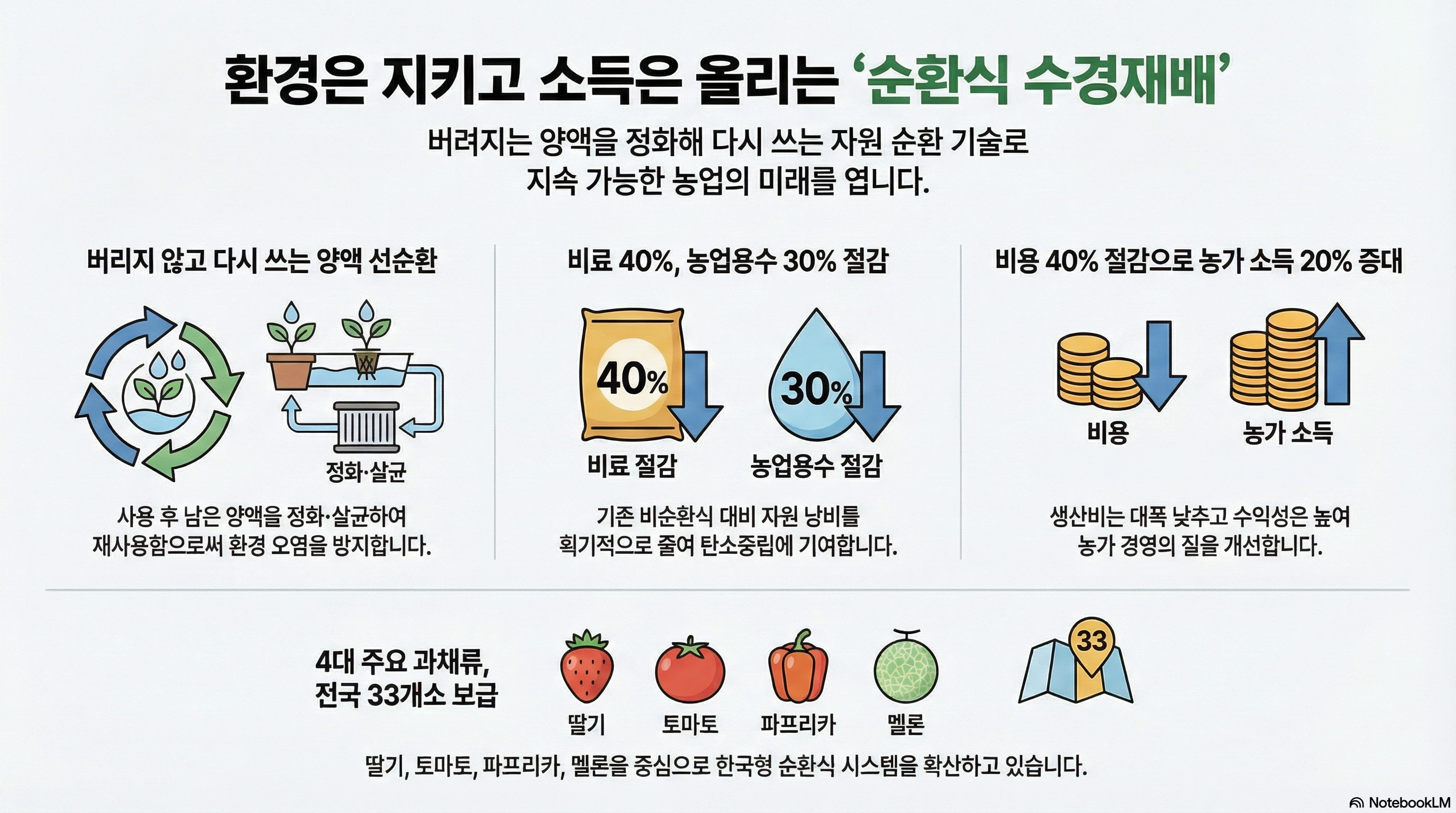 환경은 지키고 소득은 올리는 ‘순환식 수경재배’ 버려지는 양액을 정화해 다시 쓰는 자원 순환 기술로 지속 가능한 농업의 미래를 엽니다. 1. 버리지 않고 다시 쓰는 양액 선순환 - 사용 후 남은 양액을 정화·살균하여 재사용함으로써 환경 오염을 방지합니다. 2. 비료 40%, 농업용수 30% 절감 - 기존 비순환식 대비 자원 낭비를 획기적으로 줄여 탄소중립에 기여합니다. - 비료 40% 절감, 농업용수 30% 절감 3. 비용 40% 절감으로 농가 소득 20% 증대 - 생산비는 대폭 낮추고 수익성은 높여 농가 경영의 질을 개선합니다. 4. 4대 주요 과채류, 전국 33개소 보급 - 딸기, 토마토, 파프리카, 멜론을 중심으로 한국형 순환식 시스템을 확산하고 있습니다.