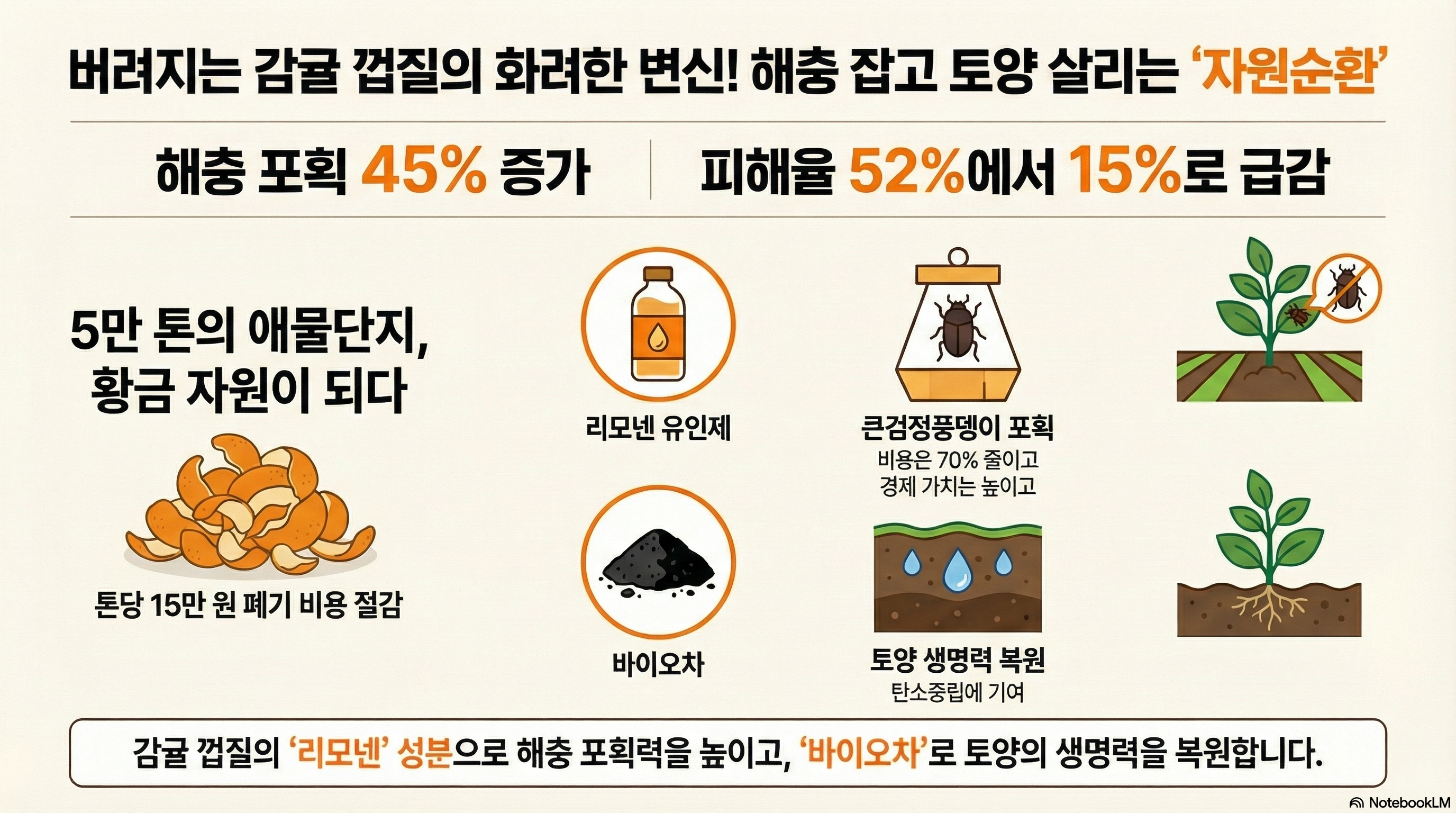 버려지는 감귤 껍질의 화려한 변신! 해충 잡고 토양 살리는 ‘자원순환’ - 해충 포획 45% 증가 ,피해율 52%에서 15%로 급감 1. 5만 톤의 애물단지, 황금 자원이 되다 - 톤당 15만 원 폐기 비용 절감 2. 리모넨 유인제 개발 - 큰검정풍뎅이 포획력 증대 - 비용은 70% 줄이고 경제 가치는 높이고 3. 바이오차 활용 - 토양 생명력 복원 및 탄소중립에 기여 * 요약: 감귤 껍질의 ‘리모넨’ 성분으로 해충 포획력을 높이고, ‘바이오차’로 토양의 생명력을 복원합니다.