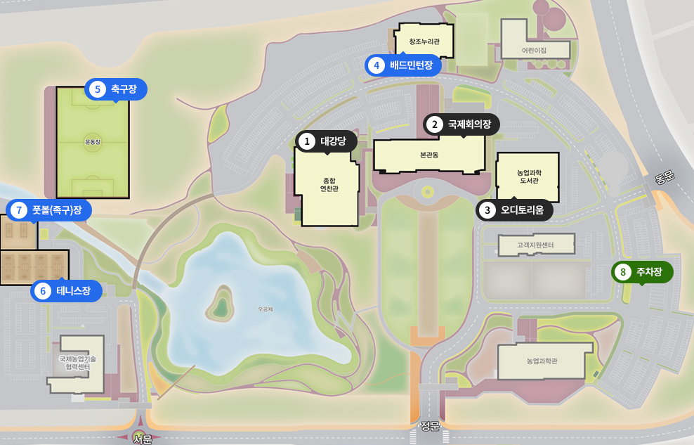 1대강당 2국제회의장,3오디토리움,4배드민턴장,5축구장,6테니스장,7풋볼(족구)장,8주차장