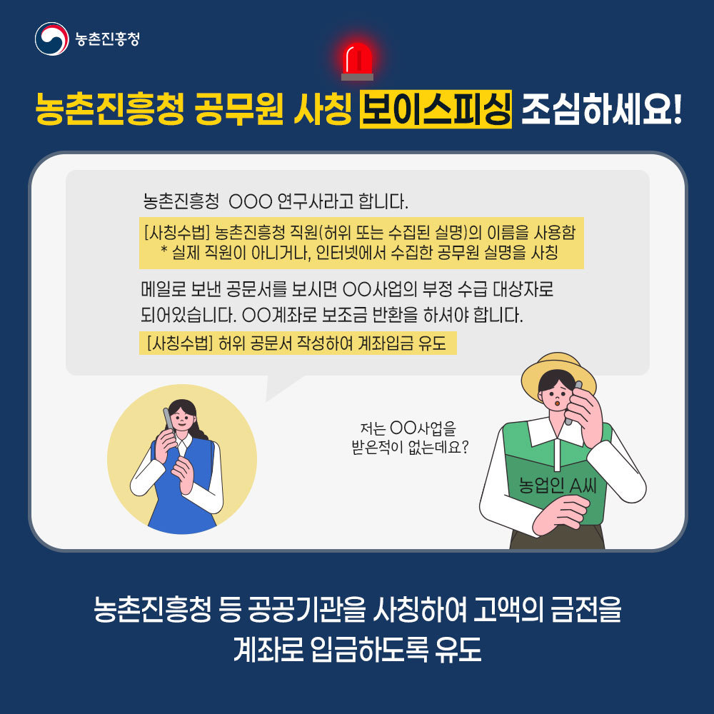 농촌진흥청 공무원 사칭 보이스피싱 조심하세요! 농촌진흥청 등 공공기관을 사칭하여 고액의 금전을 계좌로 입금하도록 유도