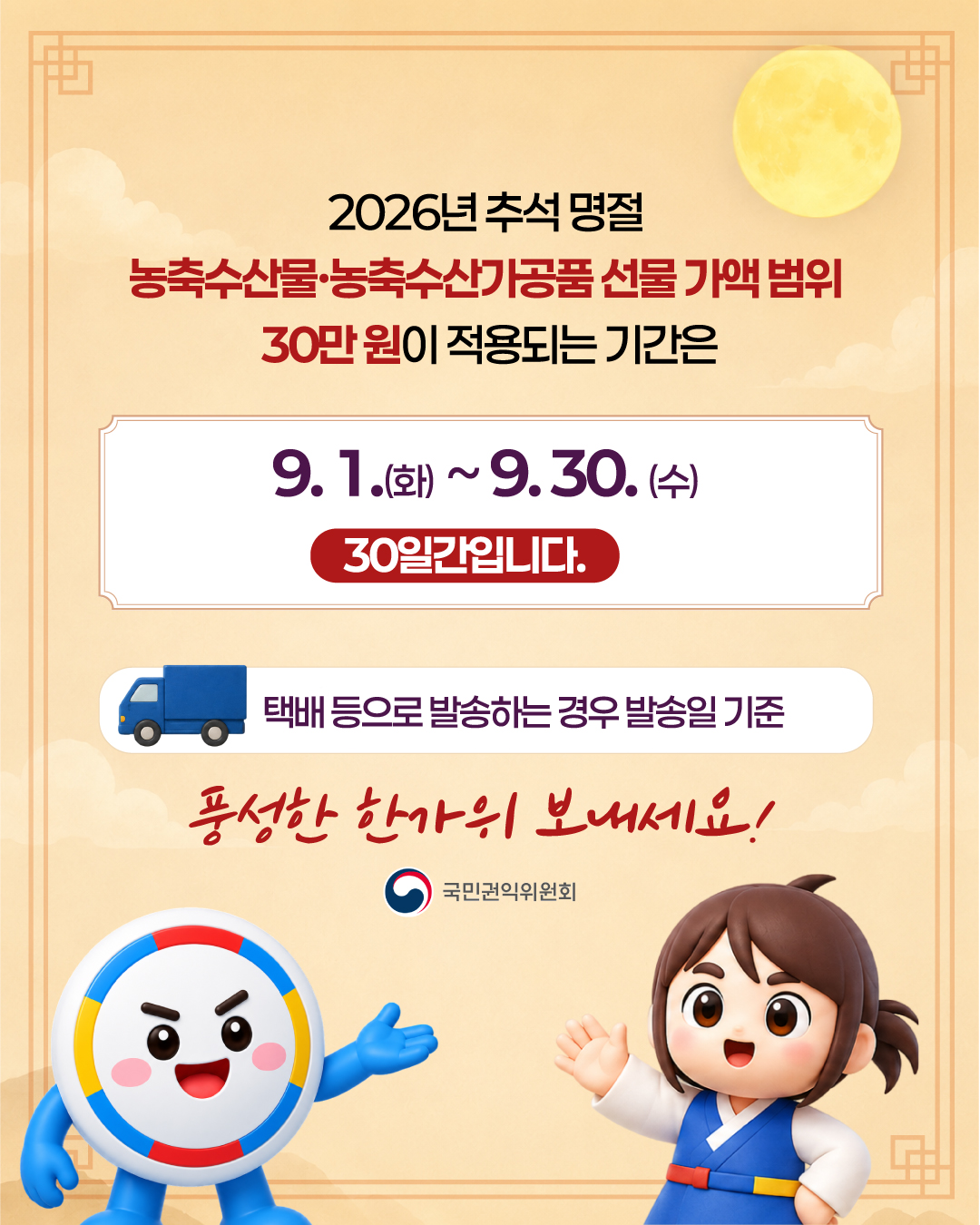 2026년 추석 명절   농축수산물·농축수산가공품 선물 가액 범위 30만원이 적용되는 기간은 9.1.(화) ~ 9.30.(수)   30일간입니다.   택배 등으로 발송하는 경우 발송일 기준   풍성한 한가위 보내세요!    국민권익위원회
