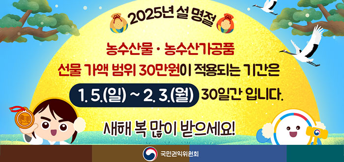 2025년 설 명절 농수산물 농수산가공품 선물 가액 범위 30만원이 적용되는 기간은 1.5.(일)~2.3.(월) 30일간 입니다. 새해 복 많이 받으세요! 국민권익위원회