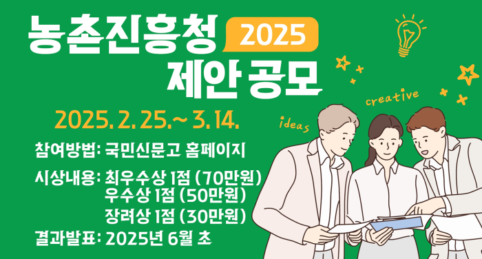 농촌진흥청 2025년 제안 공모 2025.2.25.~3.14. 참여방법: 국민신문고 홈페이지 시상내용: 최우수상 1점(70만원) 우수상 1점(50만원) 장려상 1점(30만원) 결과발표:2025년 6월초