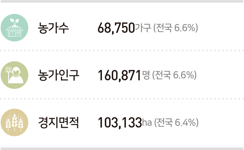 농가수 68,750가구 (전국 6.6%), 농가인구 160,871명 (전국 6.6%), 경지면적 103,133ha (전국 6.4%)