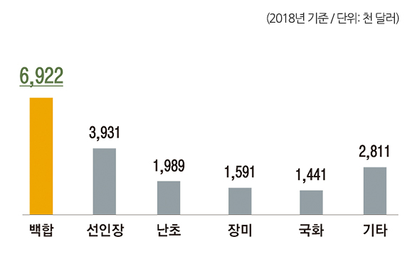 백합 6.922, 선인장 3.931, 난초 1.989, 장미 1.591, 국화 1.441, 기타 2.811