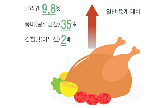 일반 육계 대비 콜라겐 9.8%향상, 풍미(글루탐산) 35% 향상, 감칠맛(이노신) 2배 향상